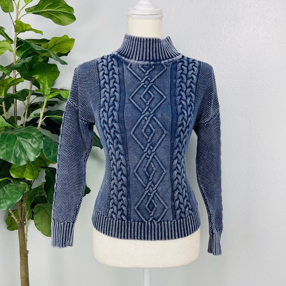 House of Harlow 1960 Thick Cable Knit Mock Neck Fisherman Blue Sweater